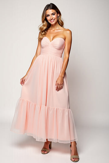 Blush A Line Strapless Ruched Chiffon Tea Length Bridesmaid Dress
